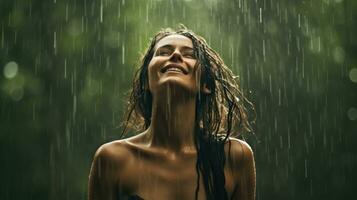 ai generado un mujer alegremente soportes debajo un lluvia ducha, su cara radiante con un sonrisa. generativo ai foto