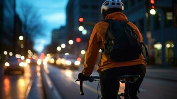 ai generado ciclista montando bicicleta en ciudad calle a noche. generativo ai foto