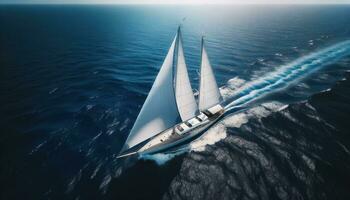 AI generated An aerial view of a sailboat sailing gracefully on the vast expanse of the ocean. Generative AI photo