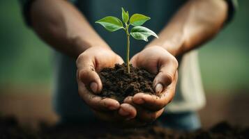 AI generated A hand gently planting a young tree in the soil, symbolizing growth, sustainability, and the nurturing of nature. Generative AI photo