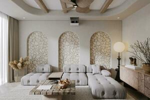 Gray Stylish modular sofa, Brick and marble background in a rustic living room. photo