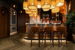 foto de un moderno recepción con un espacioso centrar isla y elegante bar taburetes