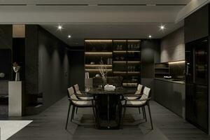 Black interior design in the dining room with cozy chairs set up. photo