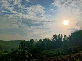 The view of the plantations is green and beautiful, there are blue clouds. See the view of the hills with blue clouds. photo