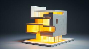 ai generado un moderno edificio modelo con amarillo luces esclarecedor sus exterior. generativo ai foto