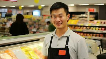 ai generado empleado vistiendo un delantal sonrisas a llegando clientes mientras en pie en el almacenar. generativo ai foto