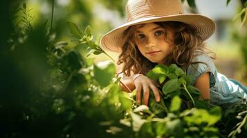 AI generated Young girl in hat hiding in grass. Generative AI photo