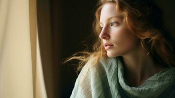 AI generated Woman gazing out window. Generative AI photo