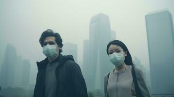 AI generated Two young people wearing face masks in the city implement safety measures during the epidemic. Generative AI photo