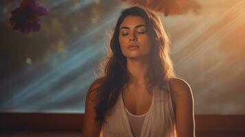 AI generated A woman peacefully meditating in a lotus position, finding inner calm and tranquility. Generative AI photo