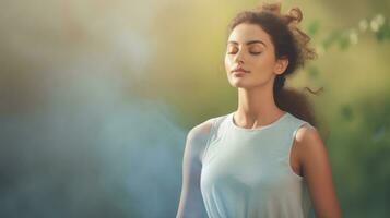 ai generado un mujer pacíficamente meditando en medio de el sereno bosque, hallazgo consuelo y tranquilidad en de la naturaleza abarcar. generativo ai foto