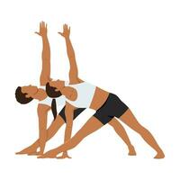 Young couple stretching bending to one side. Couple doing stretching exercise, extended triangle pose, utthita trikonasana vector