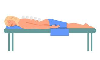 Young pretty woman lying on sofa with closed eyes and cups on her back. Vacuum cupping body therapy vector