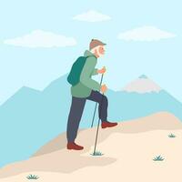 Senior man with backpack hiking outdoor in park. Old man walking with sticks. Isolated elderly man personage leading healthy lifestyle vector