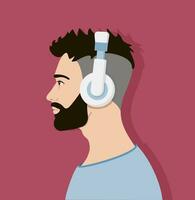 Young man listen to music on headphones. Vector of a handsome guy listening to the music with headphones. Music therapy