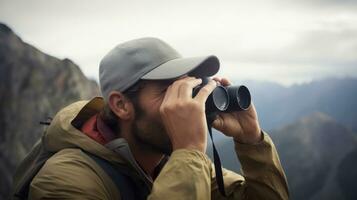 AI generated Man using binoculars in mountainous terrain. Generative AI photo