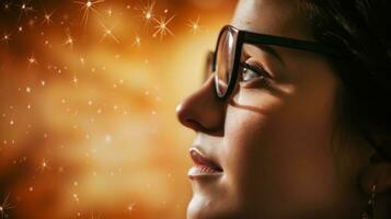 ai generado un mujer con lentes miradas a el estrellas, cautivado por su belleza y preguntarse. generativo ai foto