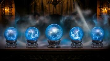 AI generated Five blue crystal balls emitting smoke. Generative AI photo