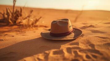 ai generado un sombrero descansando en arenoso Desierto terreno. generativo ai foto