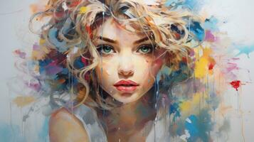 AI generated A painting of a woman with vibrant, multicolored hair, showcasing a unique and artistic expression. Generative AI photo
