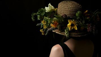 AI generated A woman wearing a hat adorned with colorful flowers, adding a touch of elegance and vibrancy to her outfit. Generative AI photo