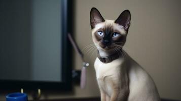 ai generado siamés gato sentado en el mesa. generativo ai foto