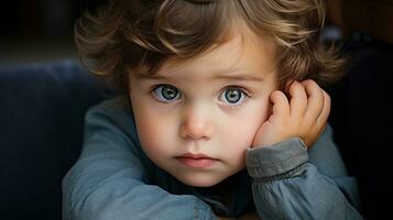 ai generado joven niño con azul ojos sentado en sofá. generativo ai foto