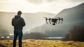 AI generated A man standing in front of a drone, ready for takeoff. Generative AI photo