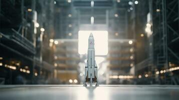 AI generated Small rocket in large warehouse. Generative AI photo