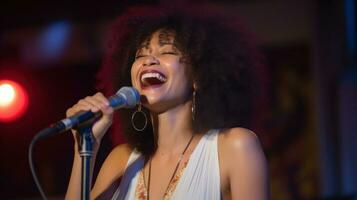 ai generado un mujer con un afro apasionadamente canto dentro un micrófono, exhibiendo su musical talento. generativo ai foto