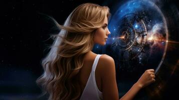 AI generated A woman gazes at a clock with a starry background, captivated by the passing time and the celestial beauty. Generative AI photo