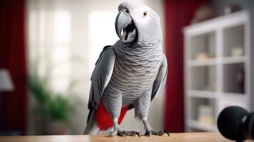 ai generado un africano gris loro encaramado en un mesa. generativo ai foto