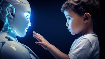 AI generated A young boy gazes at a robot, captivated by its presence and curious about its capabilities. Generative AI photo