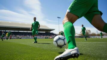 ai generado un fútbol pelota en un verde campo con jugadores en el fondo, Listo a patada el pelota. generativo ai foto