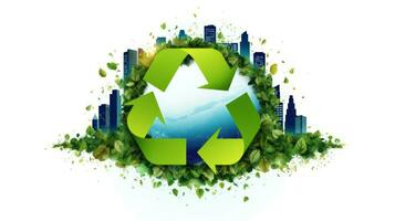 AI generated Green recycling symbol with cityscape background. Promoting sustainable practices in urban areas. Generative AI photo
