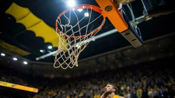 ai generado un baloncesto jugador prepara a golpe remojar el pelota en aire. generativo ai foto