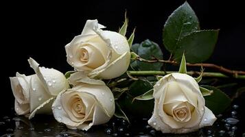 AI generated White roses with water droplets on a black background. Generative AI photo