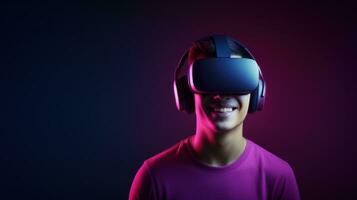 AI generated A young man immersed in virtual reality with a headset on, experiencing a digital world. Generative AI photo