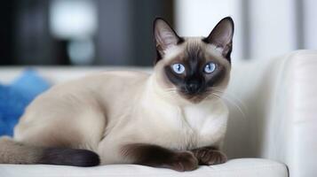 AI generated A Siamese cat with striking blue eyes sitting gracefully on a pristine white couch. Generative AI photo