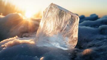 AI generated A sparkling crystal rests on snow, surrounded by a serene winter landscape. Generative AI photo