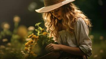 ai generado un mujer vistiendo un sombrero sostiene un cesta lleno con vistoso flores generativo ai foto