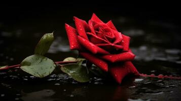 AI generated A red rose resting on a wet surface, showcasing its vibrant color against the glistening water droplets. Generative AI photo