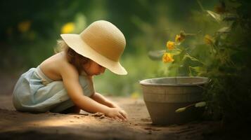 ai generado un pequeño niña jugando en el jardín. generativo ai foto