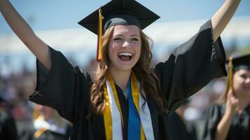 ai generado un mujer en un graduación vestido alegremente levanta su brazos en celebracion de su académico logro. generativo ai foto