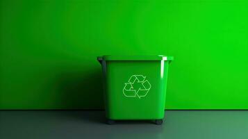 AI generated A green recycling bin in front of a green wall, promoting environmental sustainability. Generative AI photo