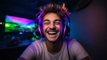 AI generated A man wearing headphones, joyfully laughing and smiling. Generative AI photo
