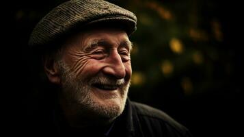 ai generado un más viejo hombre vistiendo un sombrero y sonriente calurosamente generativo ai foto