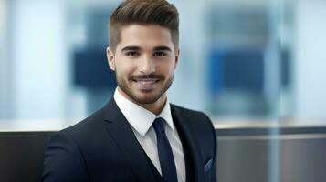 ai generado un profesional hombre vistiendo un traje y Corbata con un agradable expresión en su rostro. generativo ai foto