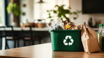 AI generated Recycling bin on kitchen table. Generative AI photo