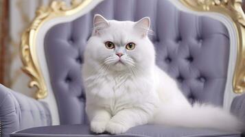 ai generado un británico blanco gato con amarillo ojos sentado en un sofá. generativo ai foto